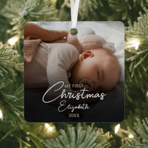 My First Christmas Baby Photo Elegant Script Metal Tree Decoration