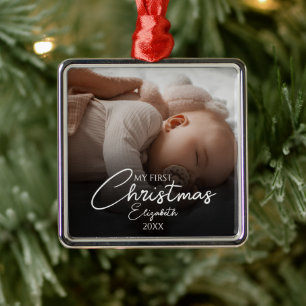 My First Christmas Baby Photo Elegant Script Metal Tree Decoration