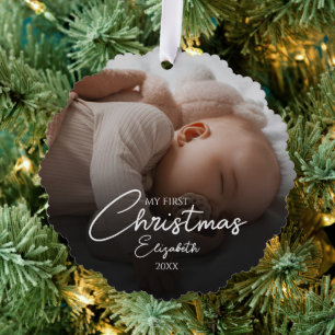 My First Christmas Baby Photo Elegant Script Tree Decoration Card
