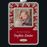My First Christmas Baby Photo Holly Silver Plated Framed Ornament<br><div class="desc">This sweet first Christmas ornament for the newborn in your family features a square photo frame and is accented with holly leaves. The background is dark red. Give this beautiful keepsake ornament as a Christmas gift.</div>