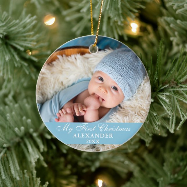 My First Christmas Baby Photo Light Blue Ceramic Tree Decoration (Tree)