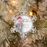 My First Christmas Baby Photo Name Year Keepsake Snowflake Pewter Christmas Ornament<br><div class="desc">My First Christmas Baby Photo Name Year Keepsake. Celebrate your baby's first Christmas and a memento for Christmasses to come too. A stylish set script for My First Christmas and the rest of the text is easy to personalise. Replace the sample photo with your own. A gradient overlay layer is...</div>