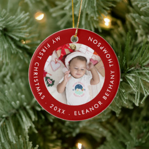 My First Christmas Baby Photo Name Year Ruby Red Ceramic Tree Decoration
