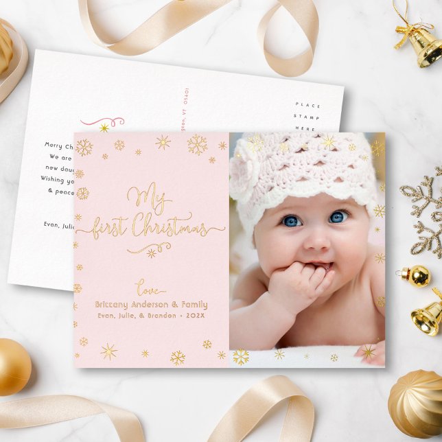 My First Christmas Baby Photo Pink Chic Real Gold Foil Holiday Postcard (Creator Uploaded)