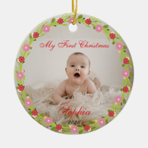 My First Christmas Baby Photo Pink Floral Ceramic Tree Decoration