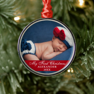 My First Christmas Baby Photo Red Metal Tree Decoration