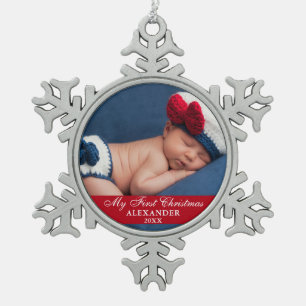 My First Christmas Baby Photo Red Snowflake Pewter Christmas Ornament
