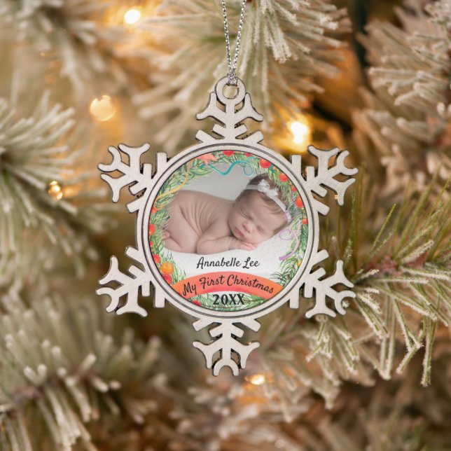 My First Christmas Baby Photo Snowflake Pewter Christmas Ornament (Tree)