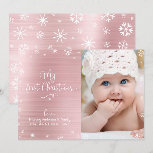 My First Christmas Baby Photo Snowflakes Rose Gold Holiday Card (Front/Back)