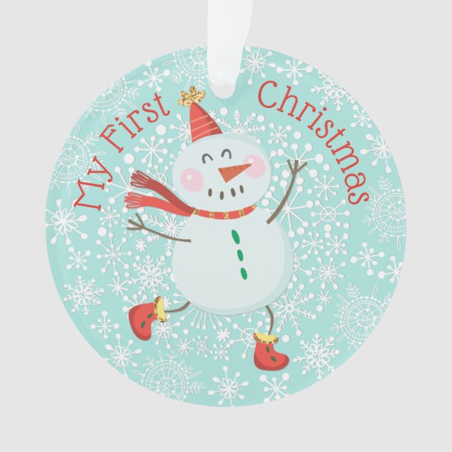 My First Christmas Baby Photo Snowman Snowflakes Ornament (Front)