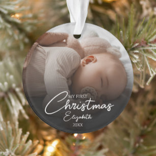 My First Christmas Baby Photos Elegant Script Ornament