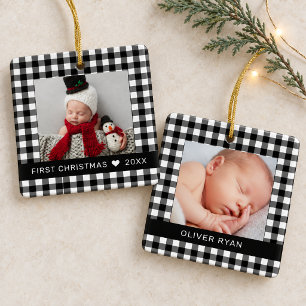 My First Christmas Black Buffalo Plaid Baby Photo Ceramic Ornament
