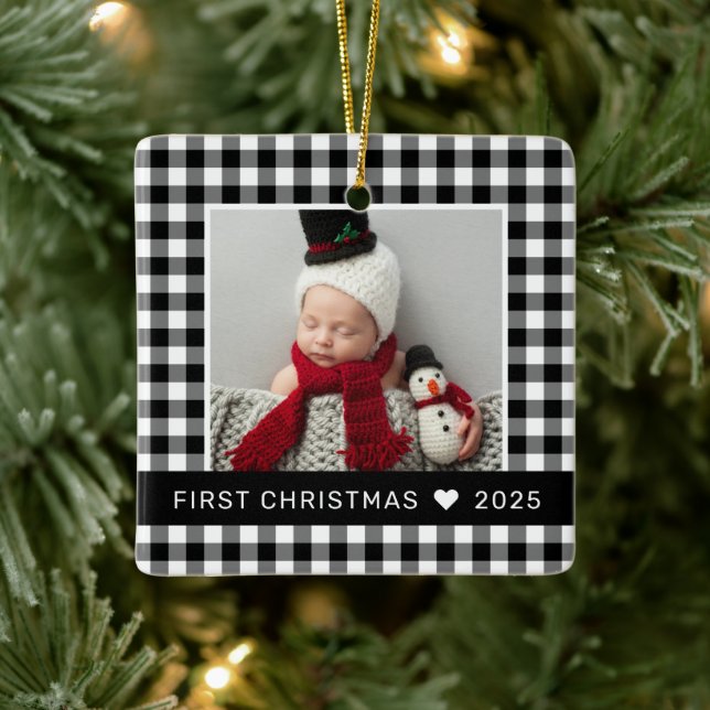 My First Christmas Black Buffalo Plaid Baby Photo Ceramic Ornament (Tree)