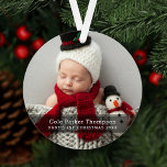 My First Christmas Black Stripe Custom Baby Photo Ornament<br><div class="desc">This simple and stylish two-sided holiday keepsake ornament features a favorite photo of your newborn photo with a simple black translucent stripe overlay with modern "My 1st Christmas" text that can be personalized with baby's name and their birth year. Neutral black color is works for both a baby boy or...</div>