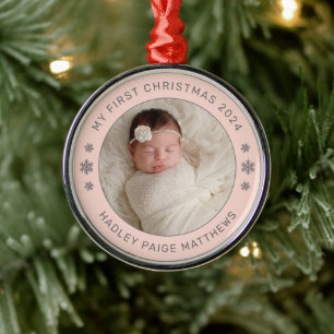 My First Christmas Blush Pink Baby Girl Photo Metal Tree Decoration