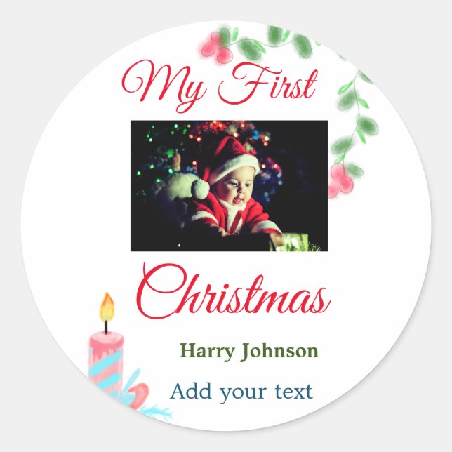 My first Christmas candle add baby photo name leav Classic Round Sticker (Front)