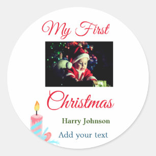 My first Christmas candle add baby photo name leav Classic Round Sticker