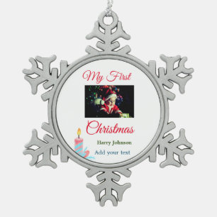 My first Christmas candle add baby photo name leav Snowflake Pewter Christmas Ornament