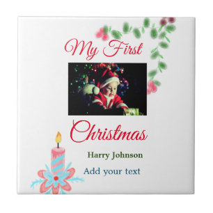 My first Christmas candle add baby photo name leav Tile