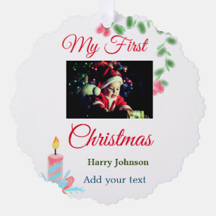 My first Christmas candle add baby photo name leav Tree Decoration Card
