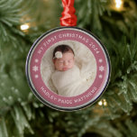 My First Christmas Cassis Personalized Baby Photo Metal Tree Decoration<br><div class="desc">Personalize this modern and elegant 'My First Christmas' ornament with your baby girl's photo, her full name, and the year of her birth. Elegant cassis (a pretty combination of dusty rose and mauve purple) and white round-shaped text and snowflake accents beautifully frames her photo. Photo tip: crop photo to a...</div>