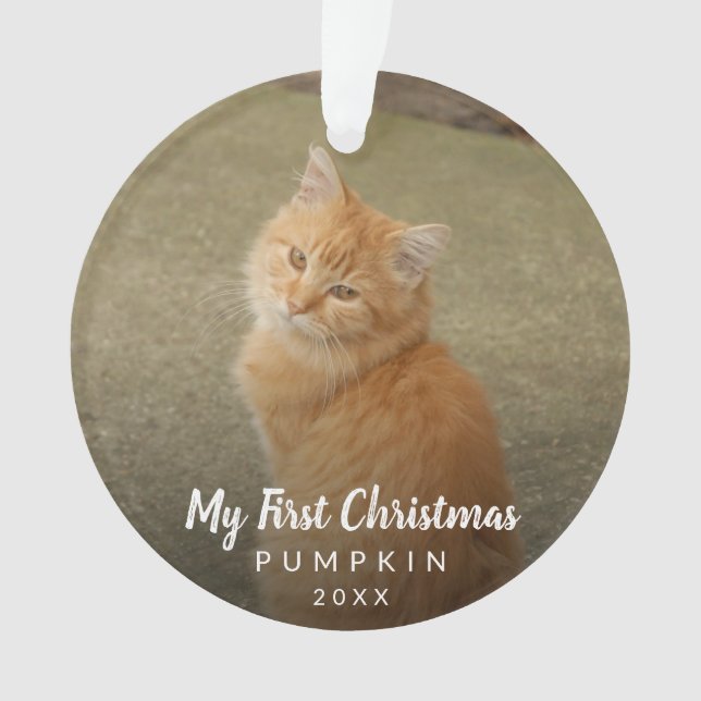 My First Christmas Chalk Script Cat Photo Ornament (Front)