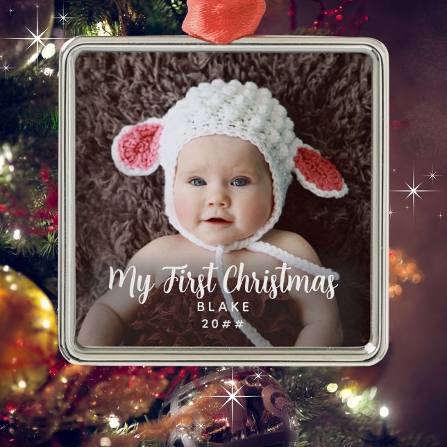 My First Christmas Childs Photo Name Year Metal Tree Decoration (Personalize with a photo, child's name and year.)