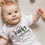 My first Christmas custom name Baby Bodysuit<br><div class="desc">Lovely first Christmas baby bodysuit decorated with a red Santa hat,  holly leaves,  and colorful Christmas lights. Easily customizable with the baby's name and current year</div>