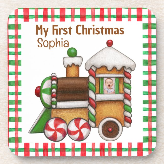 My first Christmas custom name cute train  Coaster (Front)
