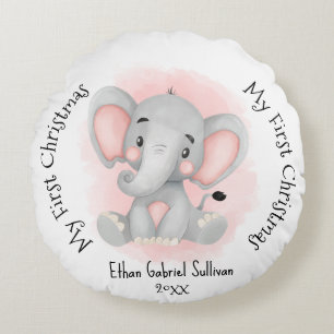 My First Christmas Custom Name Elephant Christmas Round Cushion
