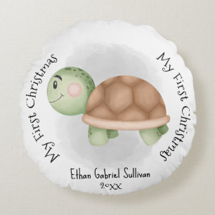 My First Christmas Custom Name Turtle Christmas Round Cushion