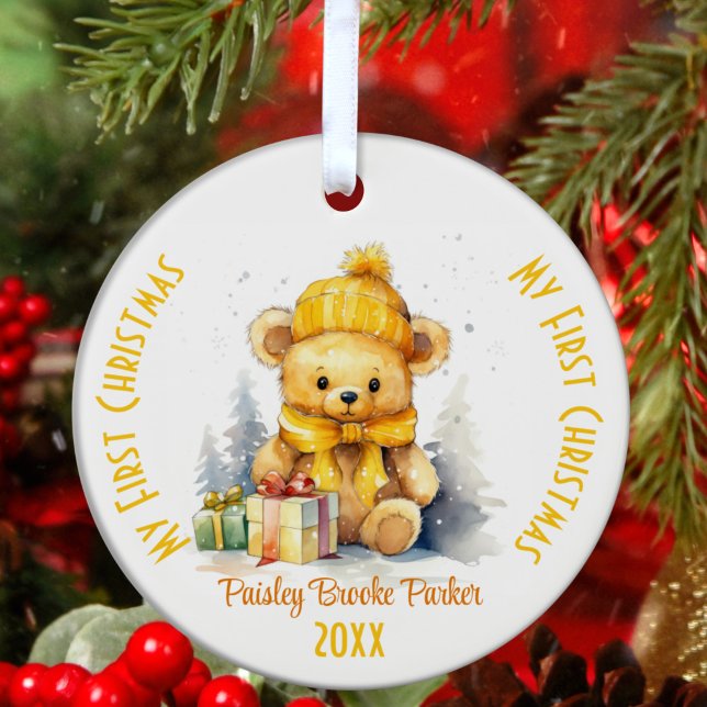 My First Christmas Custom Name Yellow Bear Ceramic Tree Decoration (Creator Uploaded)