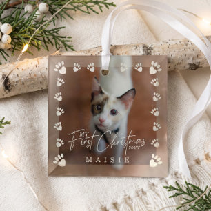 My First Christmas Custom Pet Cat Photo Paw Print Glass Tree Decoration
