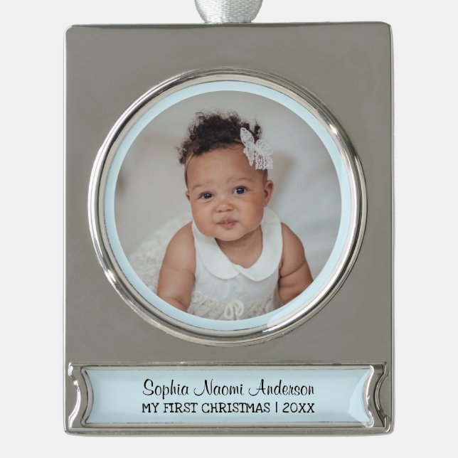 My First Christmas Custom Photo Name Cute Blue Silver Plated Banner Ornament (Front)