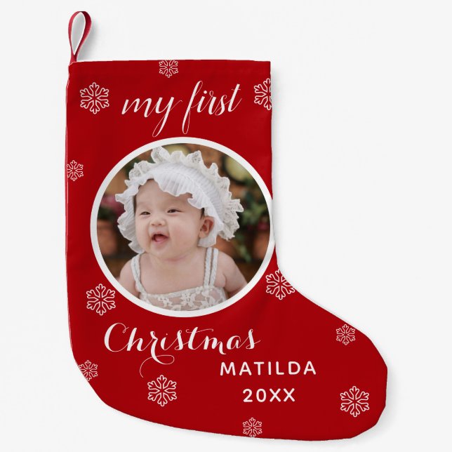 My First Christmas Cute Custom Baby Photo & Name Small Christmas Stocking (Front)