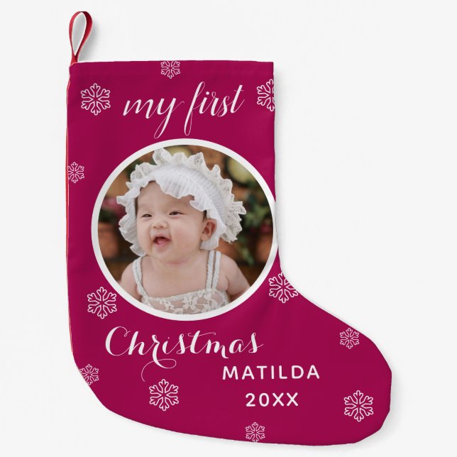 My First Christmas Cute Custom Baby Photo & Name Small Christmas Stocking (Front)