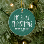 My first Christmas cute green striped baby photo Ceramic Tree Decoration<br><div class="desc">Celebrate and commemorate baby's first Christmas with this sweet and simple photo ornament. Featuring "my first Christmas" in playful type on a green striped background, this cute ornament also has room for custom text for the name and year and also a photo on the reverse side. This first Christmas ornament...</div>