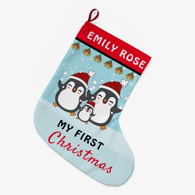 My First Christmas Cute Penguin Family Holiday Large Christmas Stocking (Front (Hanging))