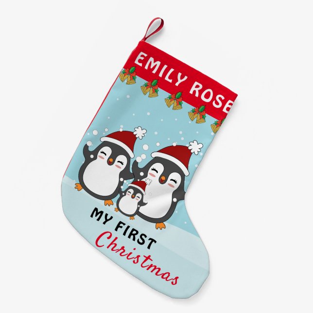 My First Christmas Cute Penguin Family Holiday Small Christmas Stocking (Front (Hanging))