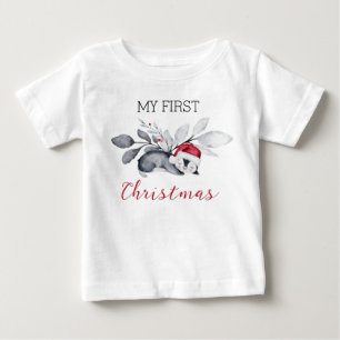 My First Christmas Cute Penguin Modern Botanical Baby T-Shirt