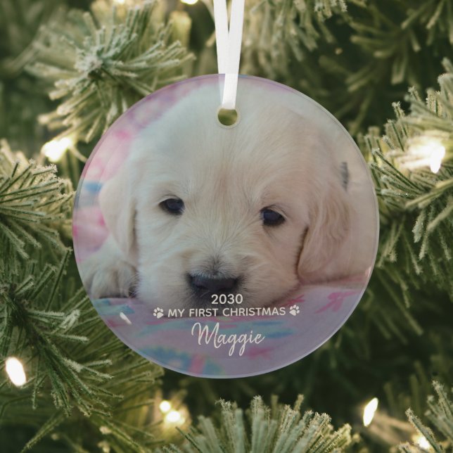 My First Christmas - Cute Puppy Dog Pet Photo Glass Tree Decoration (Insitu)