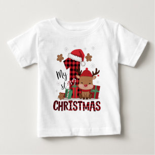 My First Christmas Cute Reindeer Red Plaid Baby T-Shirt