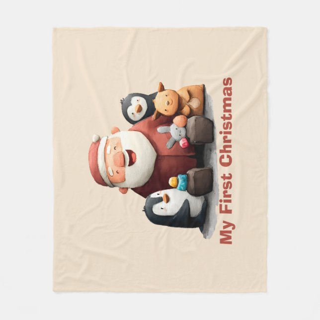 My First Christmas Cute Santa & Animals Fleece Blanket (Front)