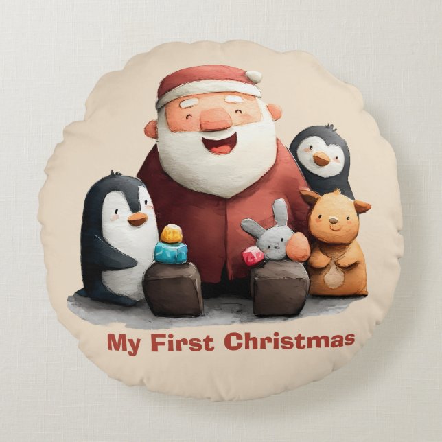 My First Christmas Cute Santa & Animals Round Cushion (Front)