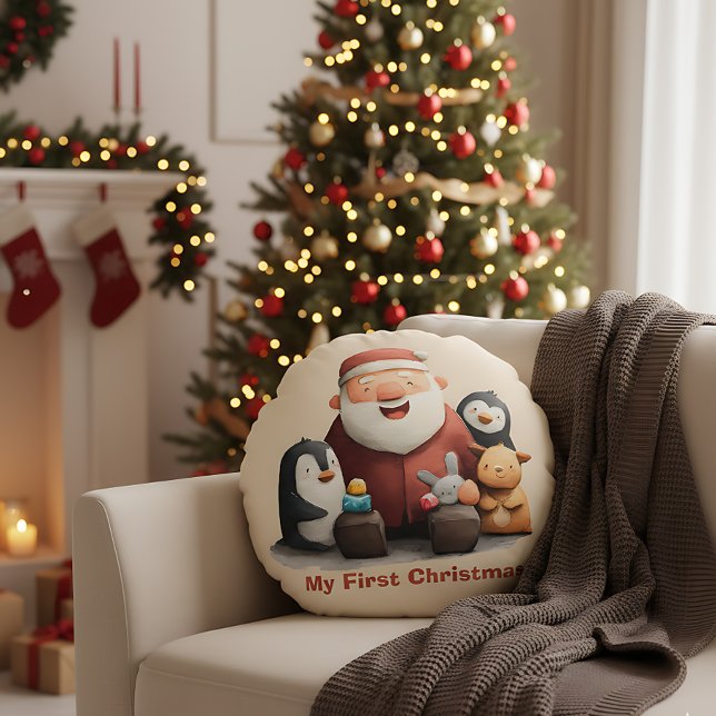 My First Christmas Cute Santa & Animals Round Cushion (Creator Uploaded)