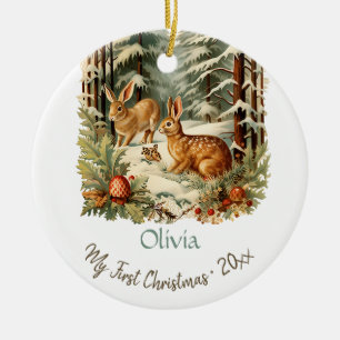 My First Christmas Cute Vintage Bunnies Baby Name Ceramic Tree Decoration