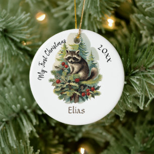 My First Christmas Cute Vintage Racoon Baby Name Ceramic Tree Decoration