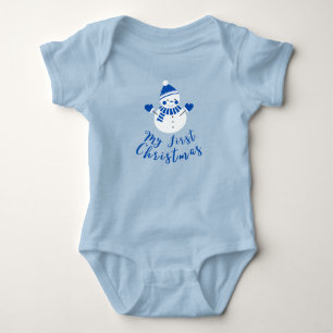 My First Christmas Cute White Snowman Blue text Baby Bodysuit