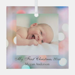 My First Christmas DIY Name Date Photo Black Text  Glass Tree Decoration