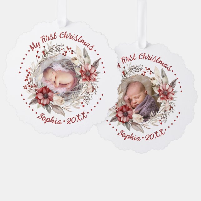 My First Christmas floral wreath photo baby Tree Decoration Card (Front/Back)